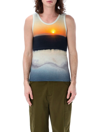 Shop Msgm Tank Top Sunrise Print In Blue/orange