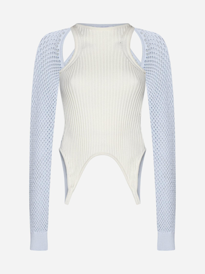 Shop Off-white Ribbed And Mesh Knit Ltop In Neutrals/blue