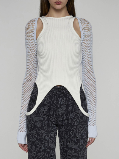 Shop Off-white Ribbed And Mesh Knit Ltop In Neutrals/blue