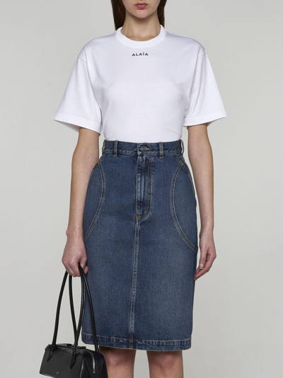 Shop Alaïa Denim Pencil Skirt In Blue