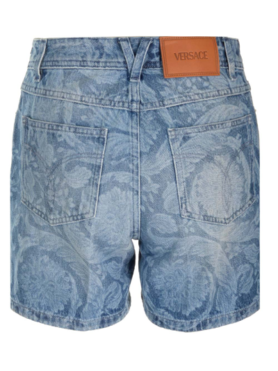 Shop Versace Slim Fit Denim Shorts In Blue