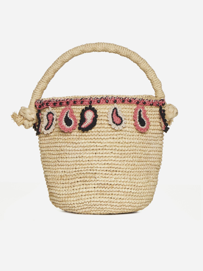 Shop Alanui Paisley Raffia Basket Bag In Natural Lotus Pink