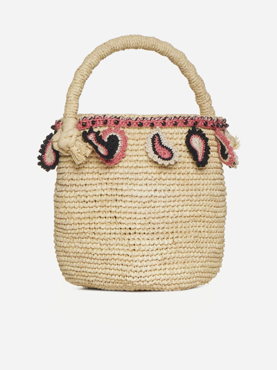Shop Alanui Paisley Raffia Basket Bag In Natural Lotus Pink