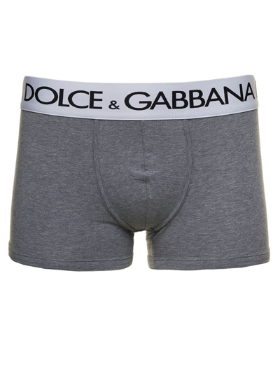 Shop Dolce & Gabbana Grey Boxer Briefs With Branded Waistband In Stretch Cotton Man In Melange