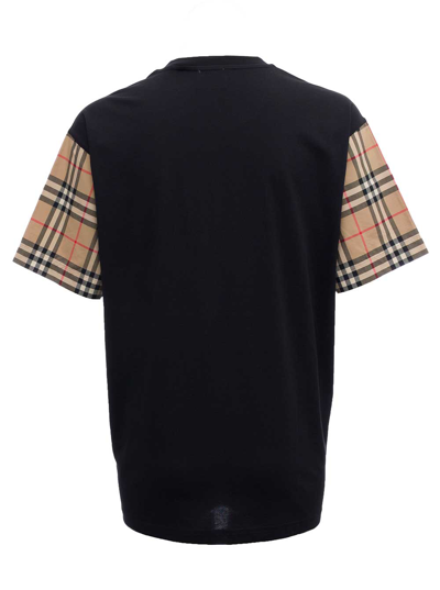 Shop Burberry Black Cotton T-shirt With Vintage Check Sleeves
