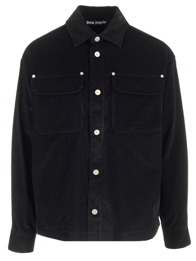 Shop Palm Angels Velvet Overshirt With Logo In Nero