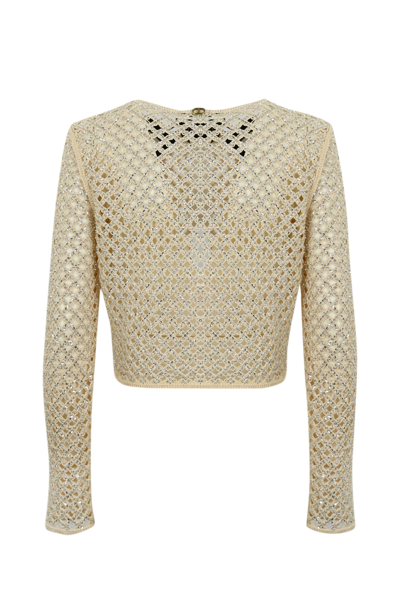Shop Twinset Mesh Cardigan With Beads And Rhinestones In Almond Milk