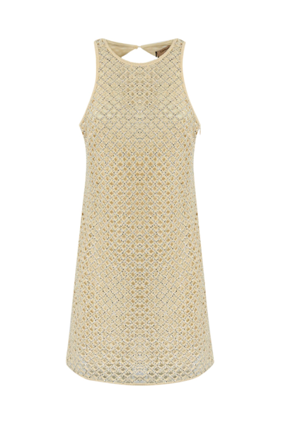 Shop Twinset Net Dress With Beads And Rhinestones In Almond Milk