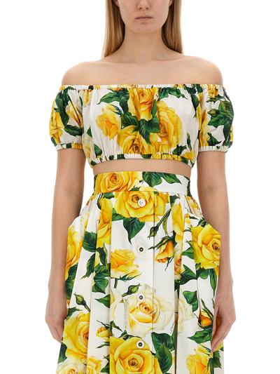 Shop Dolce & Gabbana Crop Top With Floral Print In Yellow