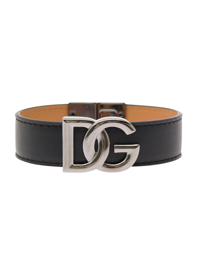 Shop Dolce & Gabbana Cinturino In Pelle Con Logo Dg Metallico In Nero/rutenio
