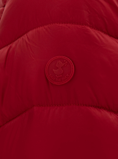 Shop Save The Duck Drimia Long Red Down Jacket With Tonal Logo Patch In Shiny Leather Woman In Rosso