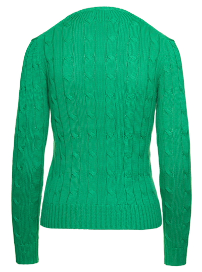 Shop Ralph Lauren Juliana Green Cable Knit Pullover With Contrasting Embroidered Logo In Cotton Woman