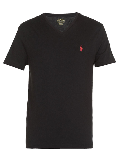 Shop Polo Ralph Lauren Logo Embroidered V-neck T-shirt In Black