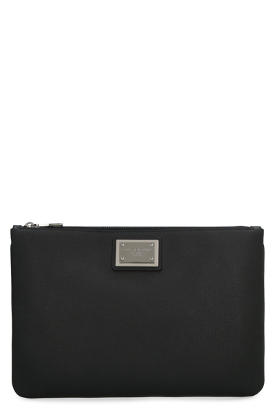 Shop Dolce & Gabbana Logo Detail Flat Leather Pouch In Nero