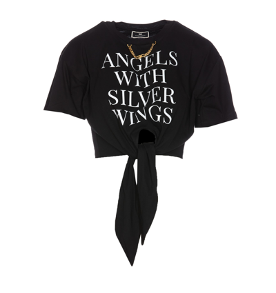 Shop Elisabetta Franchi Cropped T-shirt With Knot And Print In Nero
