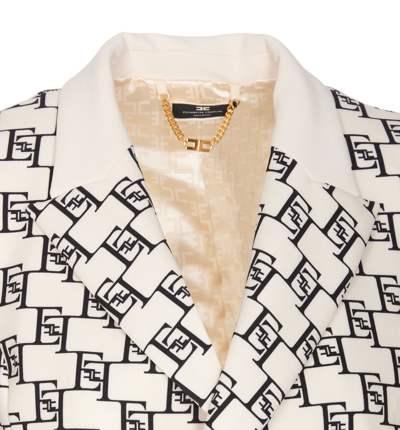 Shop Elisabetta Franchi Double Breast Jacket Logo Print And Plaque In Burro/nero