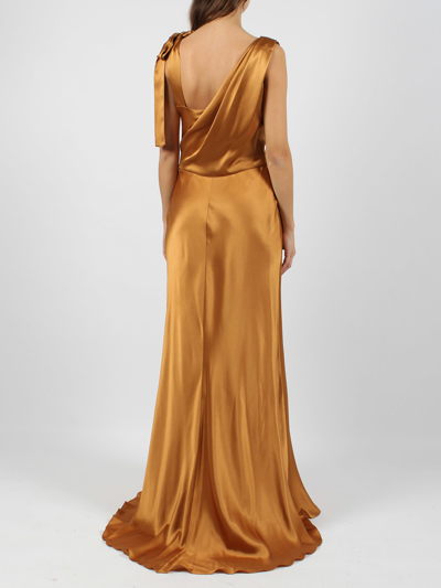 Shop Alberta Ferretti Draped Neckline Long Satin Dress  In Brown