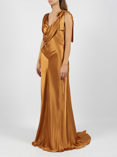 Shop Alberta Ferretti Draped Neckline Long Satin Dress  In Brown