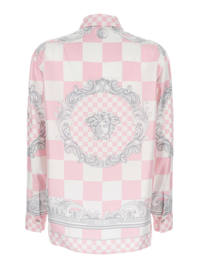 Shop Versace Pink Shirt With Baroque Print In Satin Woman In Pastel Pink+white+silver