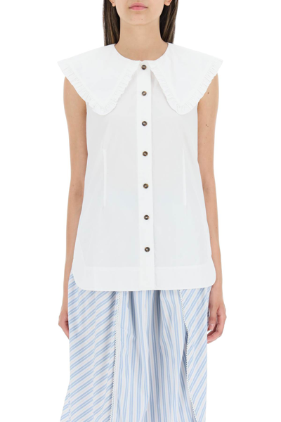 Shop Ganni Cotton Sleeveless Shirt With Oversized Collar