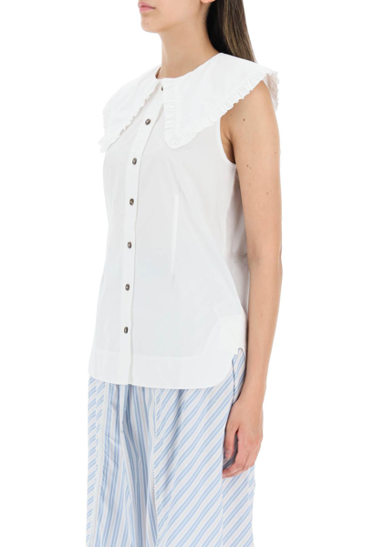 Shop Ganni Cotton Sleeveless Shirt With Oversized Collar