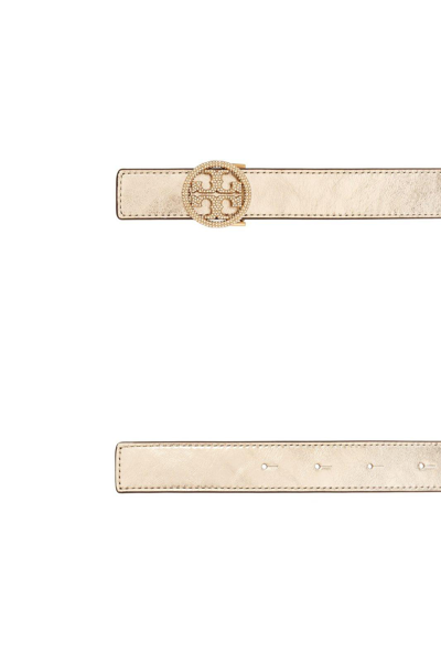 Shop Tory Burch Logo Crystal Embellished Belt In Spark Gold / Gold