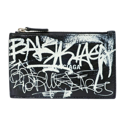 Pre-owned Balenciaga Graffiti Black White Leather Coin Card Holder
