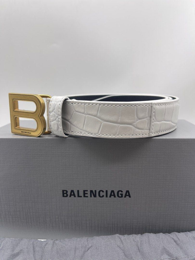 Pre-owned Balenciaga Hourglass Croc Effect White Belt 85cm