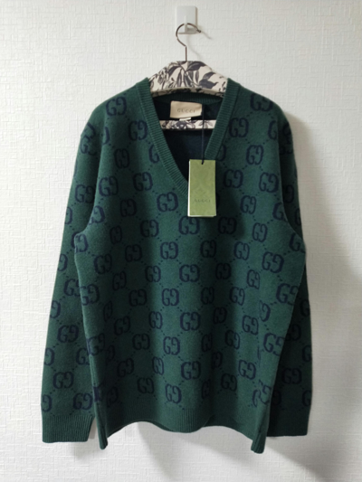 Pre-owned Gucci Gg V Neck Knit Sweater In Green