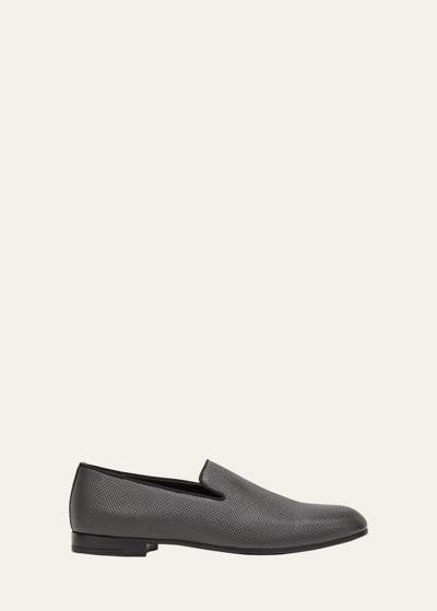 Shop Giorgio Armani Men's Formal Leather Venetian Loafers In Grey