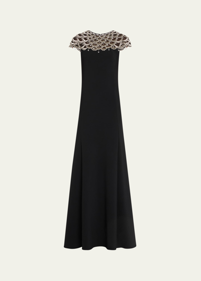 Shop Jenny Packham Melody Crystal Cap-sleeve Trumpet Dress In Abyss
