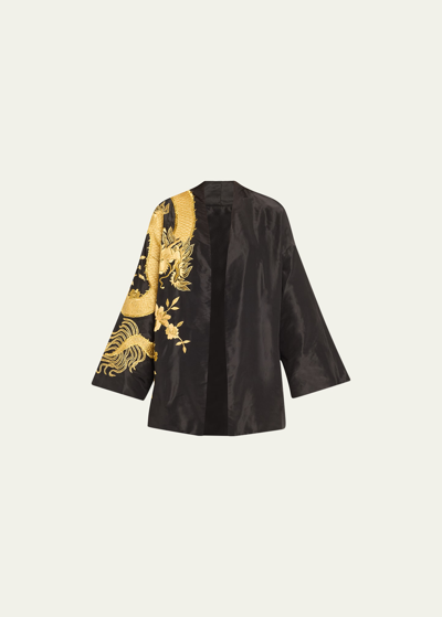Shop Josie Natori Dragon-embroidered Silk Kimono Jacket In Black