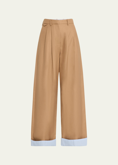 Shop Rosie Assoulin Tailored Wide-leg Trousers With Foldover Cuffs In Dark Khaki