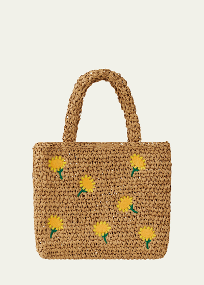 Shop Stella Mccartney Girl's Raffia Tote Bag With Sunflowers Embroidery In Beige