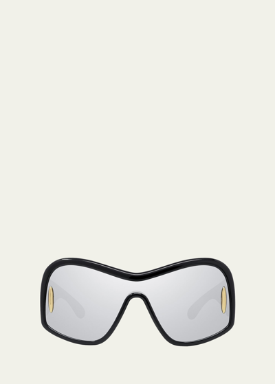 Shop Loewe Anagram Mirrored Acetate Shield Sunglasses In Black