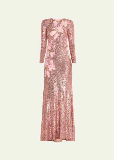 Shop Naeem Khan Sequin Embellished Gown With Floral Embroidery In Pinkgold