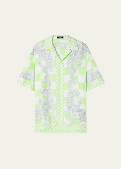 Shop Versace Men's Checkered Medusa Silk Camp Shirt In Mintwhitesilver