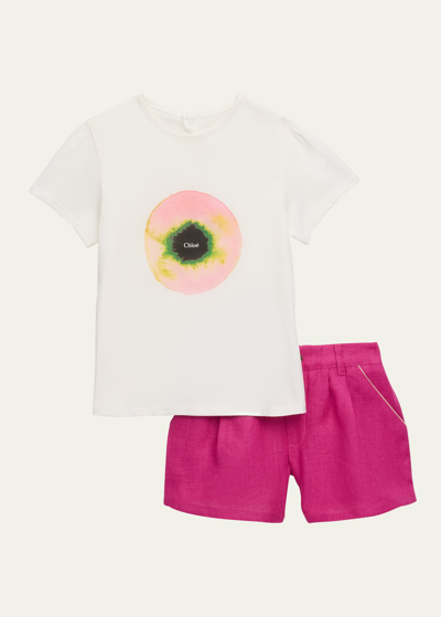 Shop Chloé Girl's Fusion Linen Short Two-piece Set In White/pink
