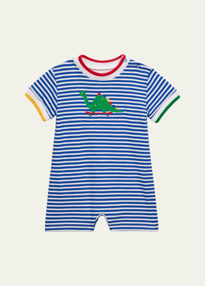 Shop Florence Eiseman Boy's Dino Embroidered Stripe Knit Shortall In Royal/white