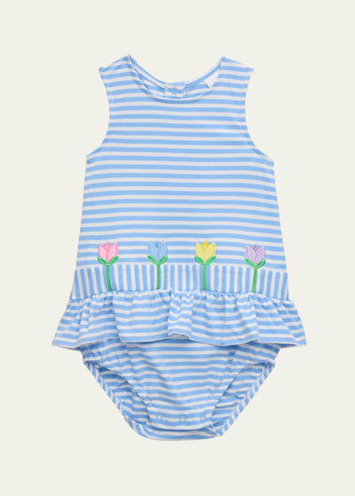 Shop Florence Eiseman Girl's Tulip Embroidered Knit Romper In Blue/white