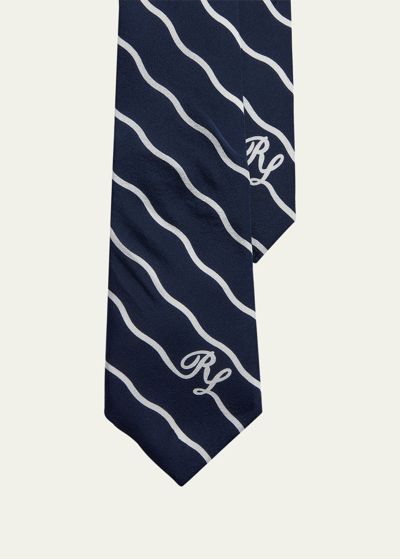 Shop Ralph Lauren Men's Logo Stripe Silk Tie In Nvywht