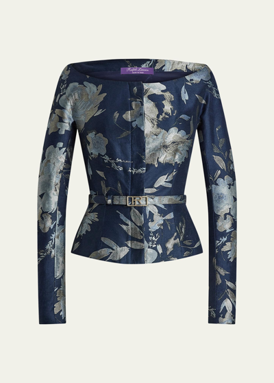 Shop Ralph Lauren Bethanne Floral Jacquard Belted Jacket In Blue Mu
