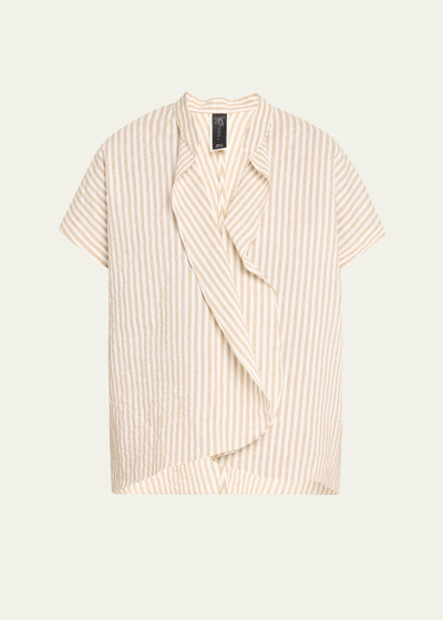Shop Zero + Maria Cornejo Fin Striped Ruffle Neckline Shirt In Camel