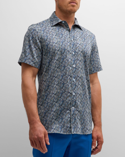 Shop Etro Men's Palm-print Sport Shirt In Print On Pale Blu
