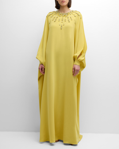 Shop Zuhair Murad Crystal Embellished Slit Long-sleeve Soft Cady Kaftan Gown In Acacia