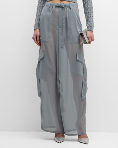 Shop Lapointe Belted Sheer Georgette Cargo Pants In Dove