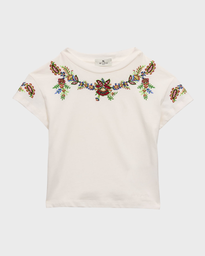 Shop Etro Girl's Embroidered Cotton Short-sleeve T-shirt In White