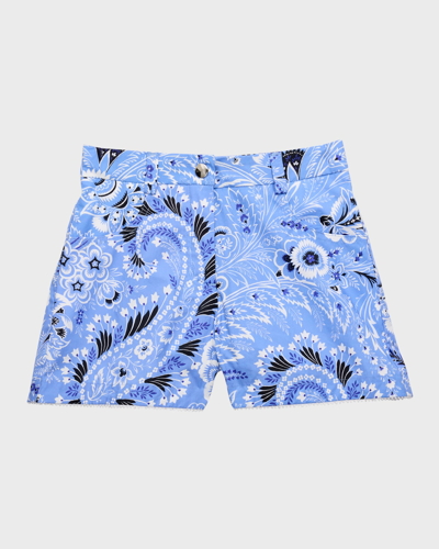 Shop Etro Girl's Cotton Paisley Pocketed Shorts In Blue
