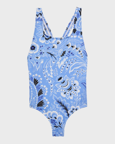 Shop Etro Girl's Printed One-piece Swimsuit In Blue