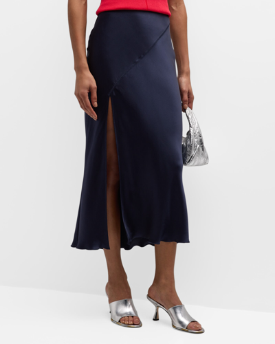 Shop Atm Anthony Thomas Melillo Silk Charmeuse Bias Slit Midi Skirt In Ink